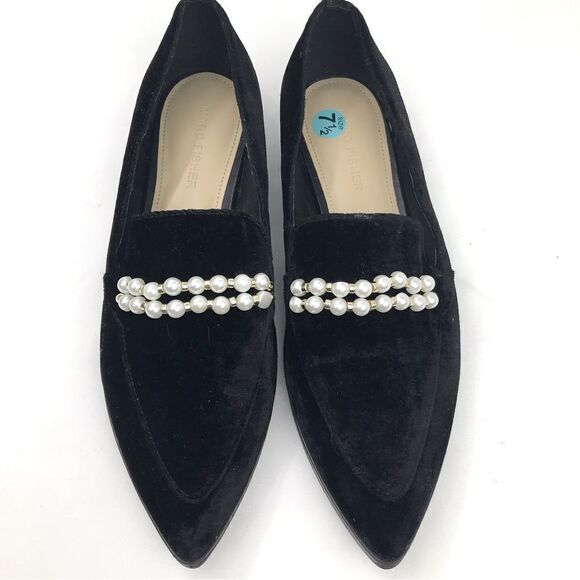 Marc Fisher Black Velvety Kneel Pearl Embellished Pointed Toe Slip On Loafer - Picture 7 of 16